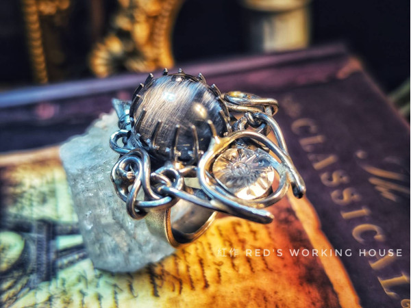 流光堡壘 銀鈦水晶戒